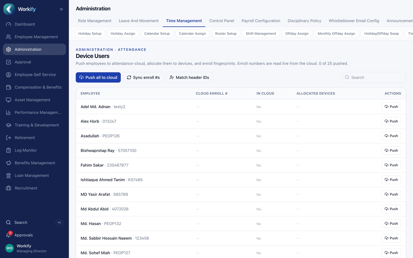 Workify biometric device users screen — push employees to attendance cloud and enroll fingerprints